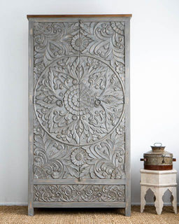Large Hand Carved Mandala Wardrobe Grey PRE ORDER