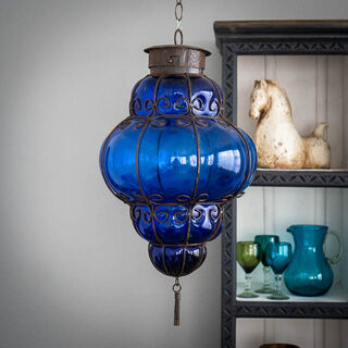 Handblown Reina Lantern Large Dark Blue