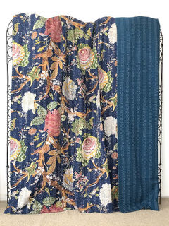 Exotic Garden Kantha Quilt Navy Blue