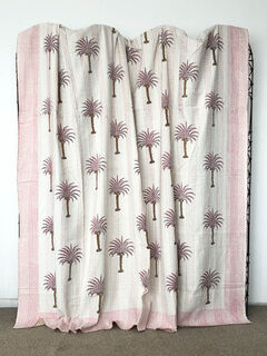Palm Tree Block Print Kantha Quilt Pink
