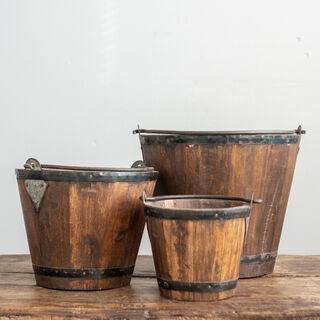 Set of 3 Wooden Buckets Dark Brown