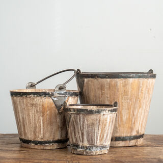 Set of 3 Wooden Buckets Whitewashed