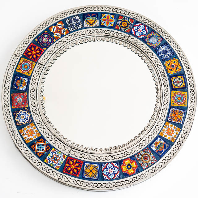 Round Mexican Tin & Tile Mirror: Blue
