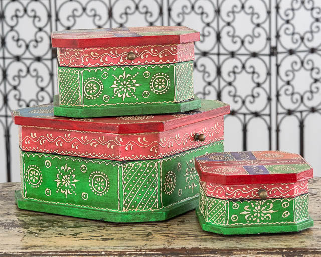 Set of 3 Boho Boxes Green