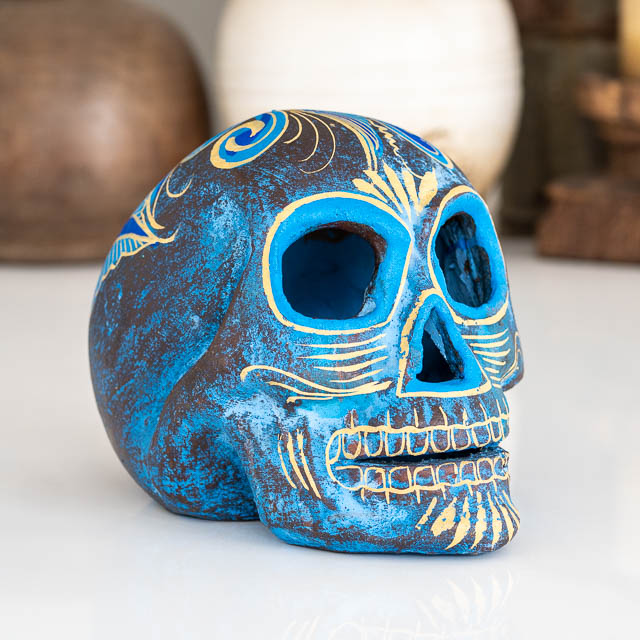 Hand Painted Clay Skull Blue/Blue