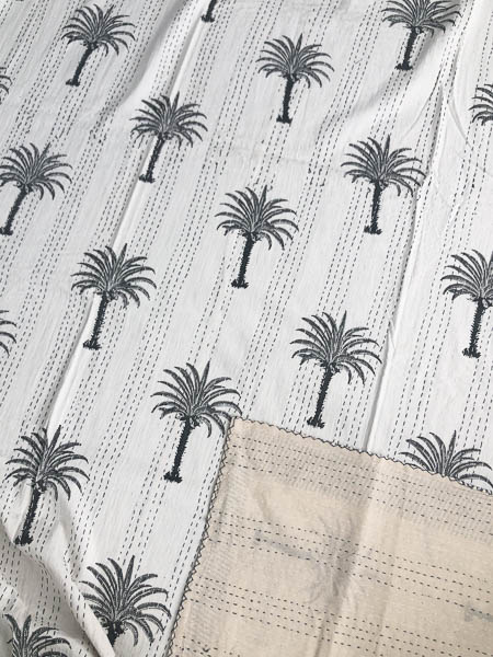 Palm Tree Block Print Kantha Quilt Light Grey