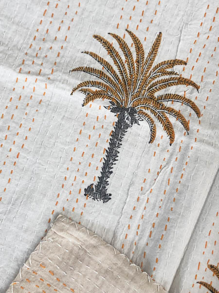 Palm Tree Block Print Kantha Quilt Orange - furniture - lighting - decor