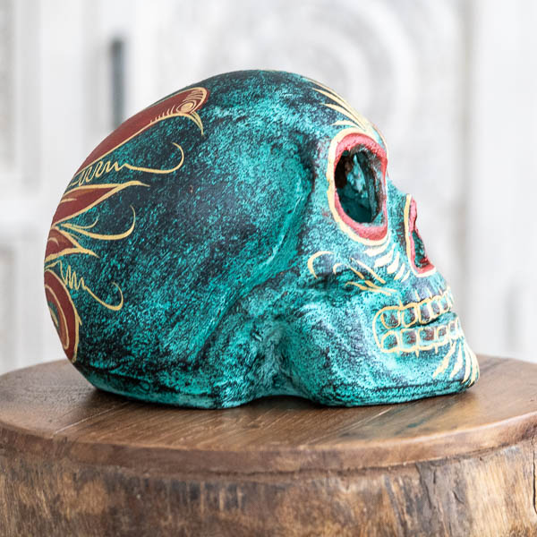 Hand Painted Clay Skull Green/Red