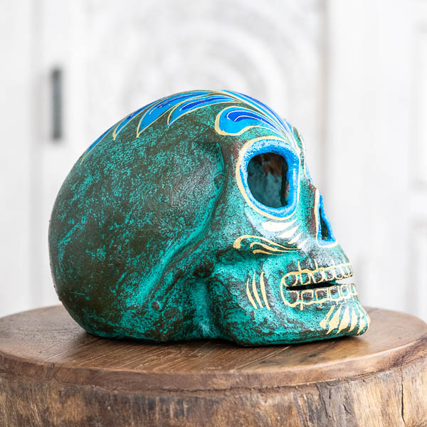 Hand Painted Clay Skull Green/Blue