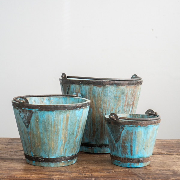 Set of 3 Wooden Buckets Blue