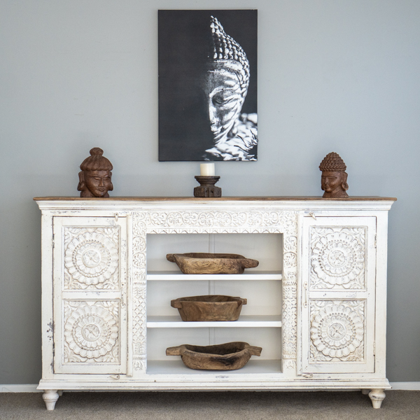 Pondicherry Tall TV Cabinet White Crackle