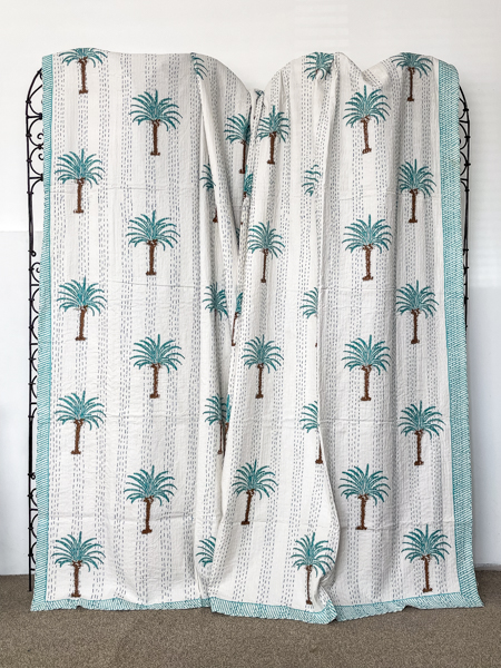 Palm Tree Block Print Kantha Quilt Light Blue