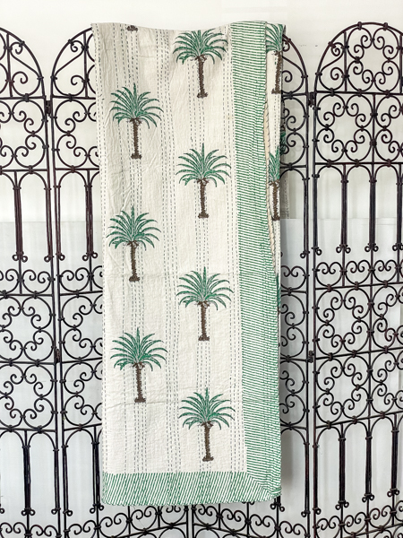 Palm Tree Block Print Kantha Quilt Green