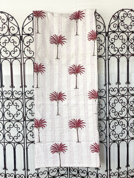 Palm Tree Block Print Kantha Quilt Maroon