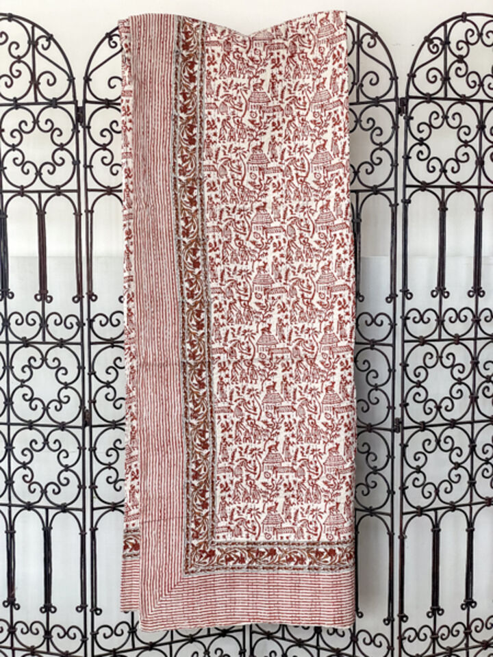 Village Block Print Kantha Quilt Orange