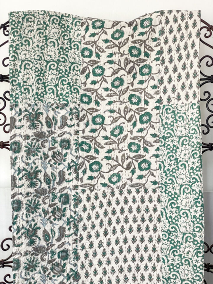 Blockprint Patchwork Kantha Quilt Green