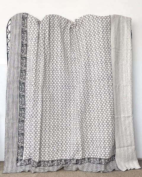 Indali Block Print Kantha Quilt Black