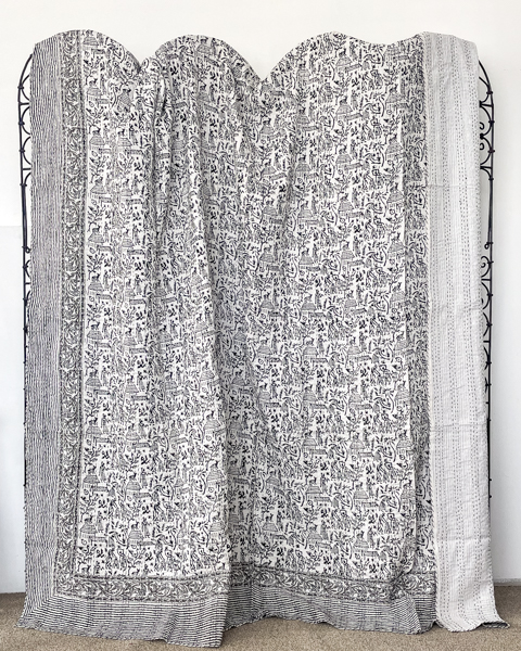 Village Block Print Kantha Quilt Black