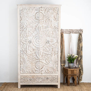 Large Hand Carved Mandala Wardrobe Whitewashed 