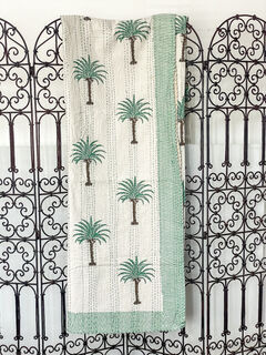 Palm Tree Block Print Kantha Quilt Green